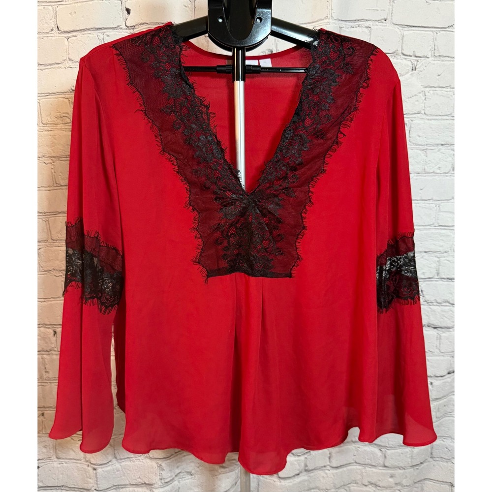 New York & Company Red Lace V-Neck Bell Sleeve Blouse XL Black Trim